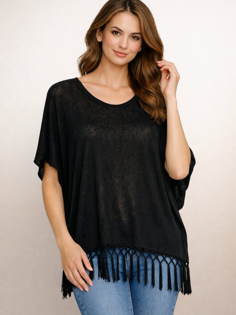 Esperanza Black Fringe Tunic Poncho Top L Boho Lightweight Semi Sheer Layering